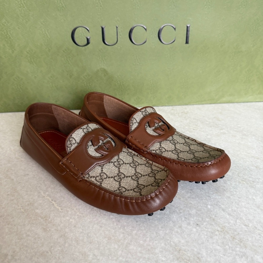 GUCCI MOCCASIN LEATHER SOFT INTERLOCKING G DRIVERS SHOES MENS UK 7